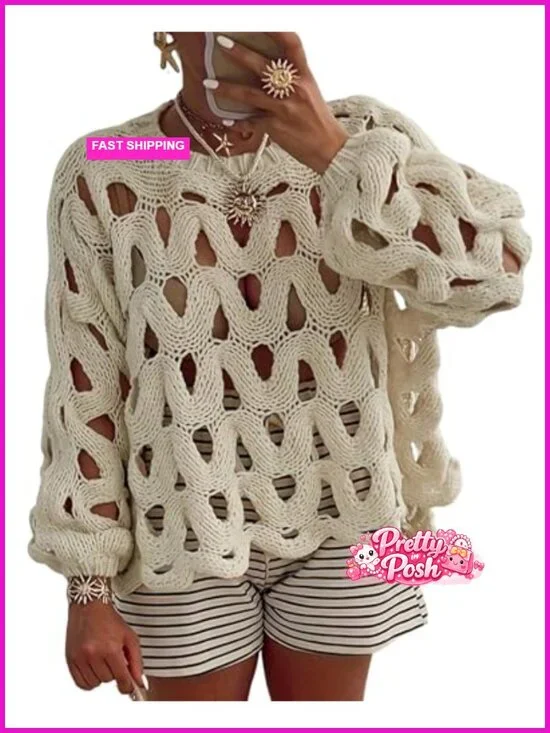 Crochet Hollow Out Sweater Long Sleeve Crewneck Mesh Knit Pullover Top Beach