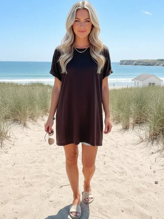 VINTAGE SAINT TROPEZ WEST Brown Tunic Top L Pima Mini Dress Swim Cover Up Y2K