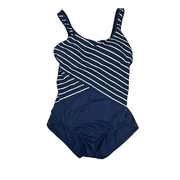 Lands End 12L Tugless Tank One Piece Swimsuit Navy White