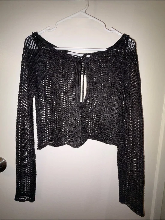silence + noise Black Crochet Long Sleeve Swim Coverup
