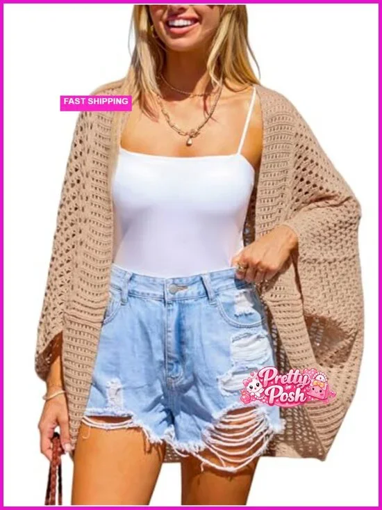Knit Open Front Long Dolman Sleeves Beach Crocheted Cover-Up