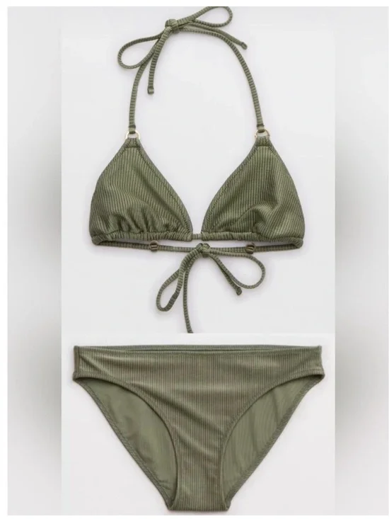 NWT Aerie Shine Ribbed Olive Ribbed Triangle String Bikini Set