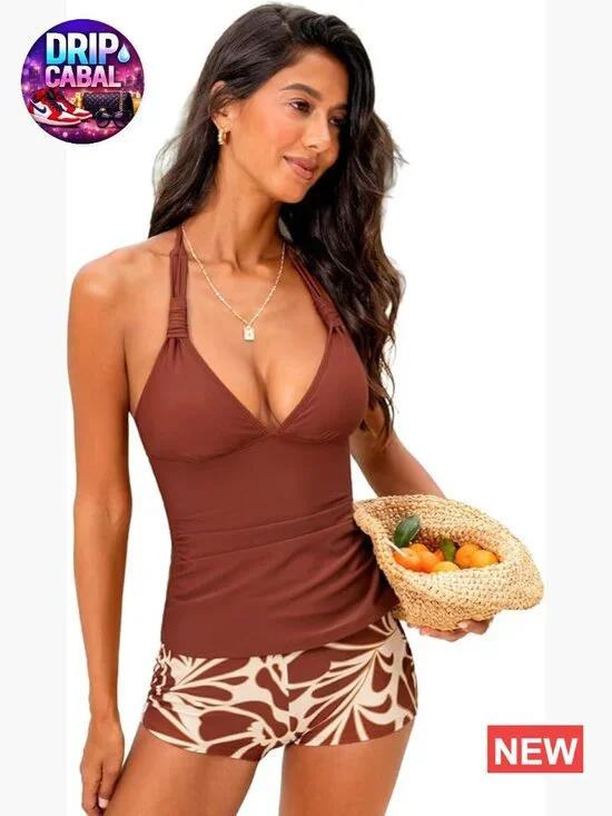 Women's Tankini Set Two Piece High Waisted Halter V Neck Swimsuit with Shorts