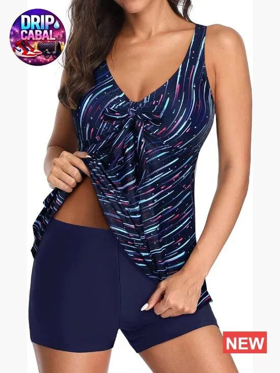 2 Piece Flowy Tankini Swimsuit with Boyshorts V Neck Tank Top Modest Swimwear