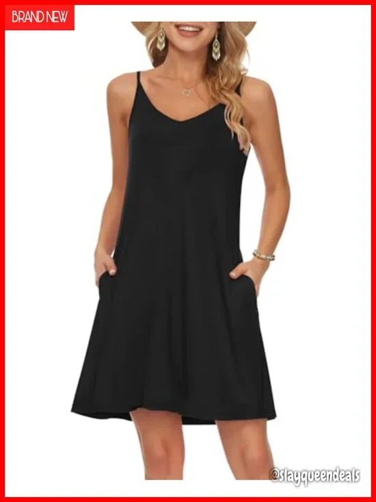 Women's Spaghetti Strap Swing Beach Cover Up Dress with Pockets
