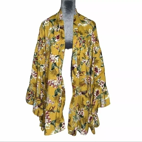 Easel Yellow Floral Kimono Beach Cover Up Ruffle Short Sleeves Lightweight Small