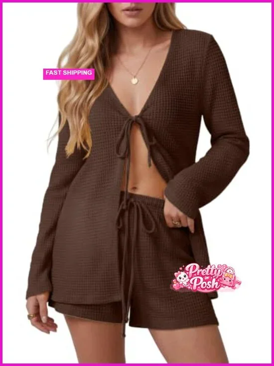 2 Piece Waffle Knit Lounge Set with Pockets and Drawstrings