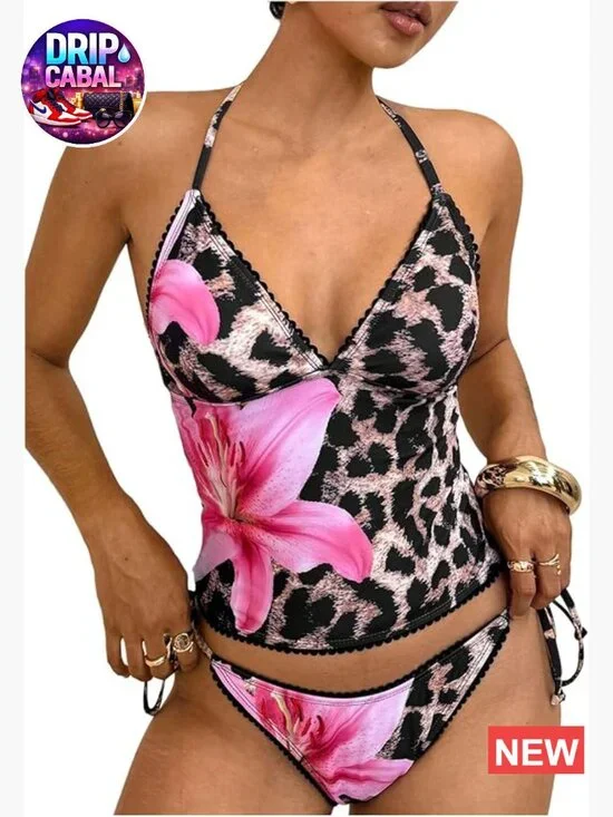 Women's 2 Piece Leopard Floral Tankini Set Halter Tie Side String Bathing Suits