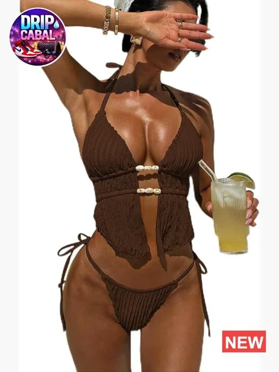 Textured Halter Bikini Set Thong Swimsuit Triangle Tankini Bathing Suits