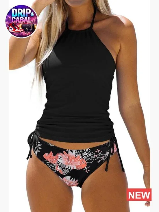 Halter Neck Tankini Set with Drawstring Side and Padded Bra