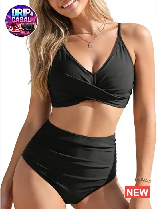 High Waisted Bikini Set Twist Front V Neck Two Piece Swimsuit Ruched Tummy