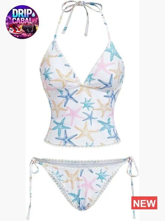 Women's Graphic Print Halter Tankini Set with Tie Side