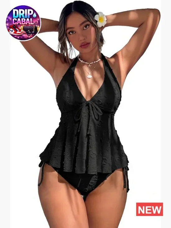 Women Two Piece Tankini Halter Ruffle Hem Bottom Wireless Bathing Suit
