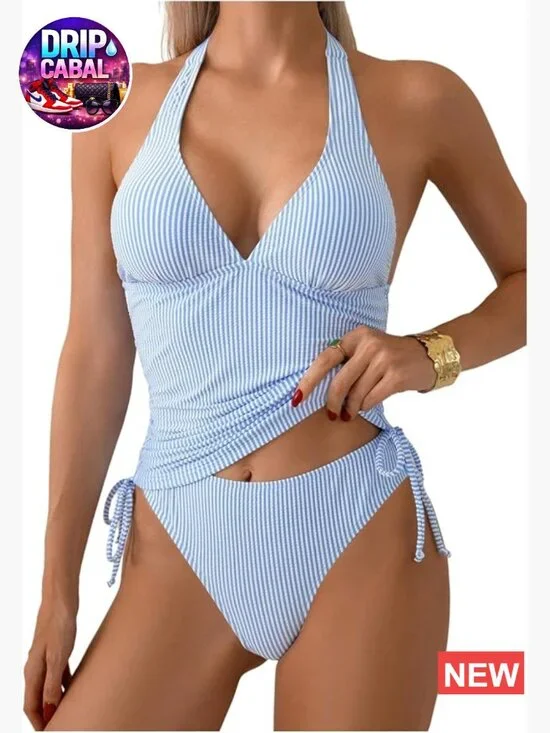 Striped Halter Neck Tankini Swimsuit Tummy Control 2 Piece