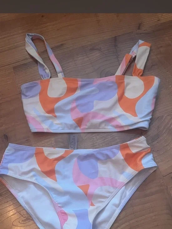 SHEIN White Bikini Set with Orange, Pink & Lavender Swirl Print