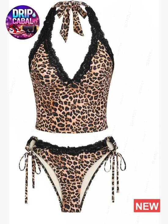 Gingham Halter Tank Top & Cinched Tie Side Tankini Set