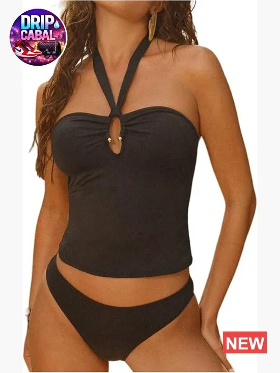 Women's Modest Tankini Swimsuits Halter Cut Out Tie Back Tops with Panty Bikini