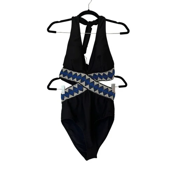 CupShe Deep V Cutout  Geo Stitching One Piece Swimsuit‎ Black Sz M NWT
