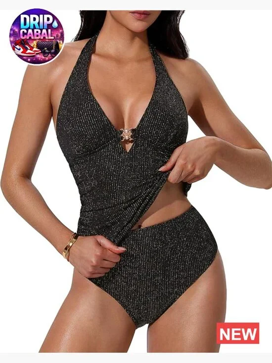Halter Tummy Control Tankini Set with High Waisted Backless Bottoms