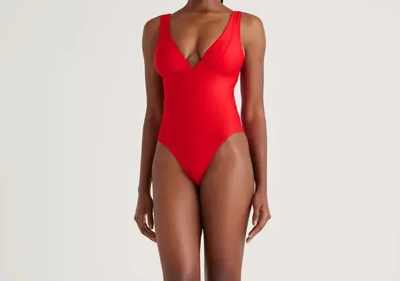 quince italian plunge one-piece swimsuit in cherry red, women various sizes