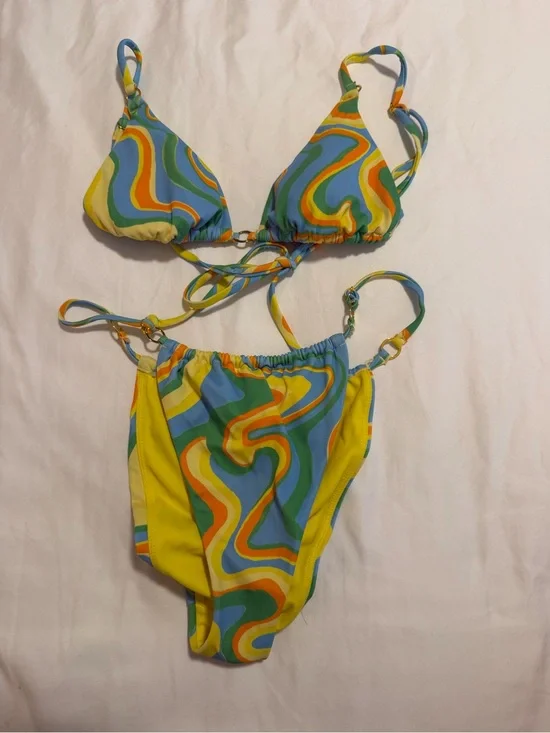 Pacsun La Hearts Yellow & Multicolor Swirl Triangle Bikini Top and Bottom set