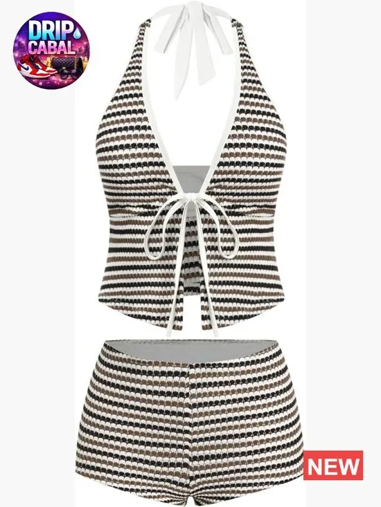 Striped Halter Bikini Set with Boyshorts Tankini Two Piece Bathing Suit