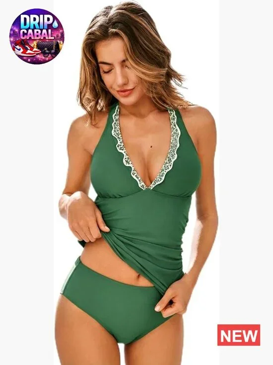 Tankini Set Halter V Neck Mid Rise Two Piece Swimsuit Removable Cups Adjustable