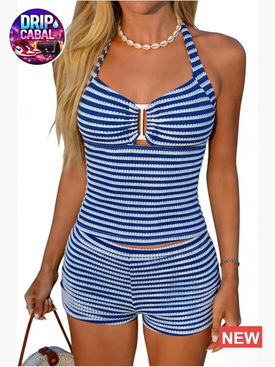 2 Piece Crochet Tankini with Shorts Striped Halter Swimsuits Knit Set