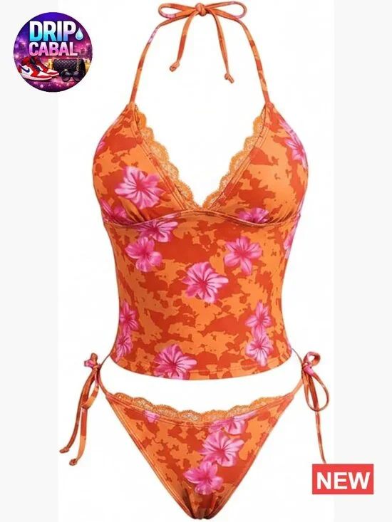 Y2k Floral Lace Halter Tie Side Thong Tankini Swimsuit