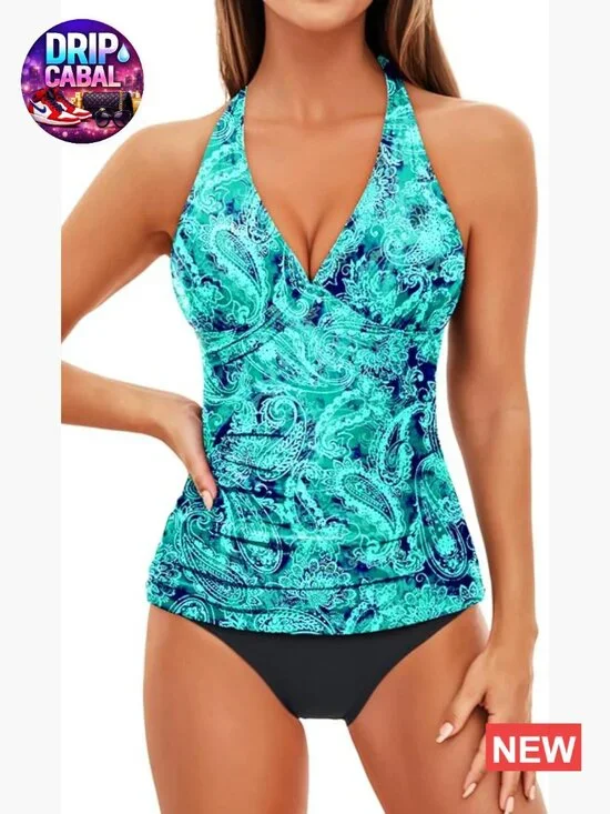 Two Piece Tankini Bathing Suit Tummy Control V Neck Halter Top with Bikini