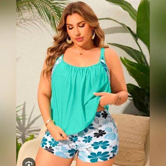 NWT Turquoise Floral Tankini Swim‎ Top with Matching Botton for Women, Size 3XL