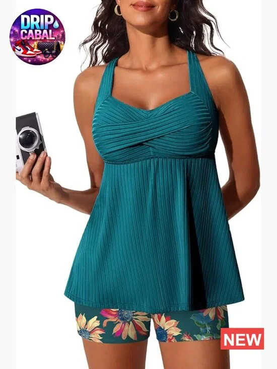 Tankini Swimsuit with Shorts Tummy Control Two Piece Adjustable Straps Pockets