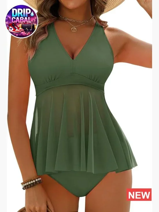 Tummy Control Tankini Set Flowy Mesh Top Full Coverage High Waisted Bottom