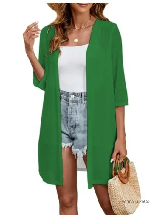 Sheer Mesh 3/4 Sleeve Open Front Cardigan Kimono Swimsuit Coverup Duster
