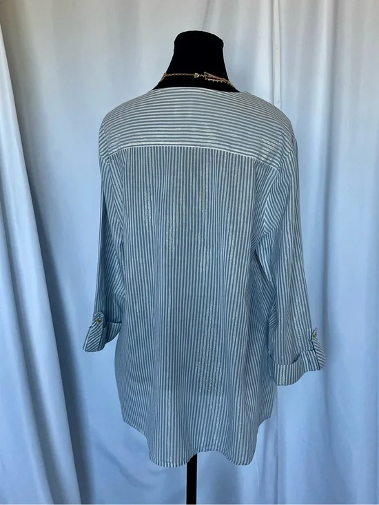 Anne Klein Swimsuit Cover Up Full Zip Blue White Gold Pinstripe Coastal Size XL