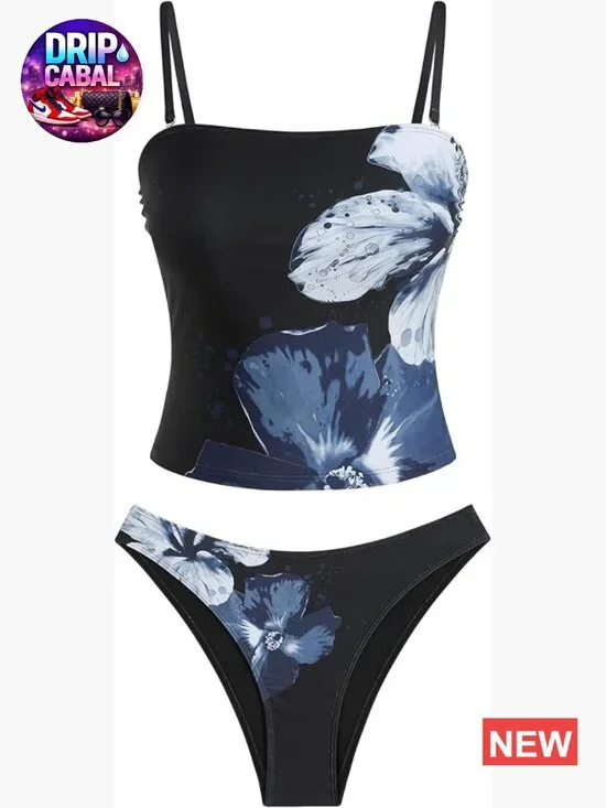 Floral Bandeau Tankini Set with Tummy Control High Cut Thong Bottom