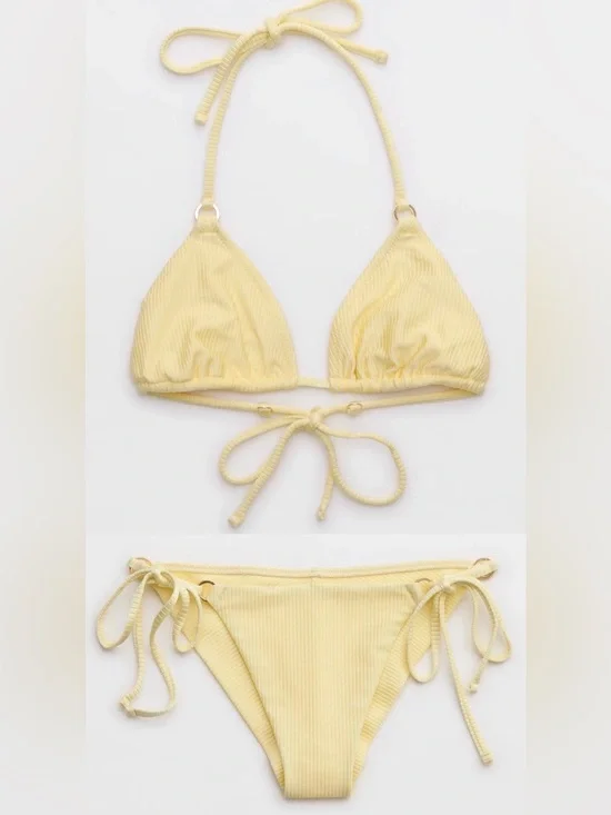 NWT Aerie FULL SET Shine Rib String Triangle Top + Cheekiest Tie Bottom Yellow L