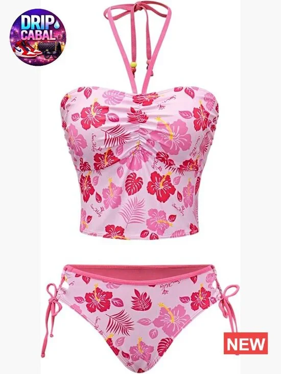 Tankini Set with Side Tie Bottoms Halter Ruched 2 Piece Bikini