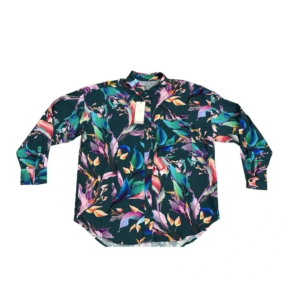 Women 's Calia OVERSIZED Button Down Floral Linen Swimsuit Swim Cover Up Medium‎