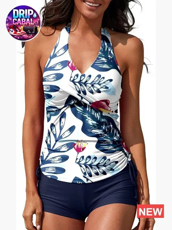 Two Piece Tankini Halter Padded Adjustable Drawstring Boyshorts Swimsuit