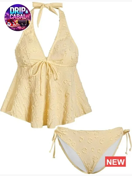 Tankini Swimsuits Textured Flowy Halter Bikini Set Tummy Control Modest Bathing