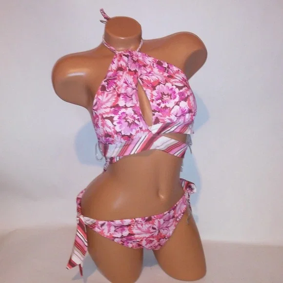 Victoria Secret Swim Bikini Medium Top & Bottom Pink Orange Floral Halter New
