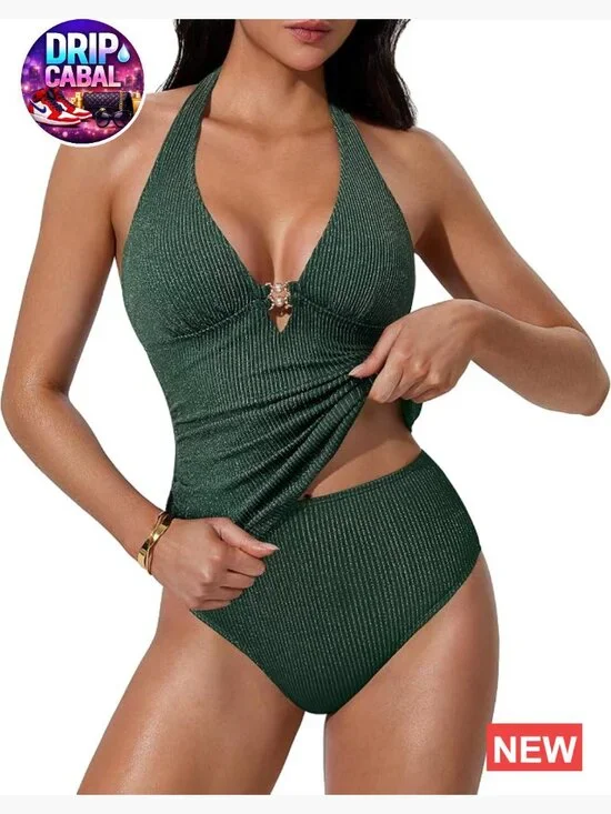 Women Sexy Halter Tummy Control Tankini High Waisted Backless Swim Suit