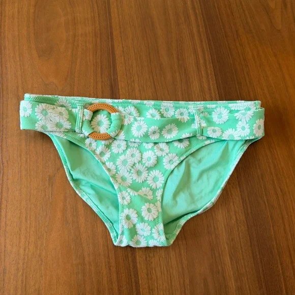 Aerie‎ Mint Green Daisy Floral Belted Bikini Bottom Wood Ring Size M