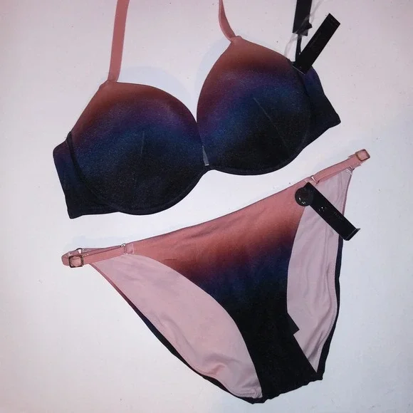 Victoria Secret Swim Bikini 38C Top XL Bottom Ombre Black Mauve Push Up String