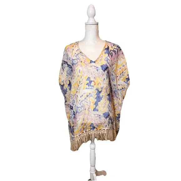 Chico's Linen Swim‎ Cover Up S/M Paisley Print Fringe Hem Beach Tunic Boho