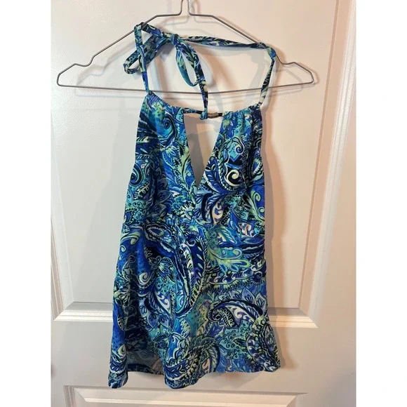Chaps Womens Tankini Top Paisley Halter Blue Size 12