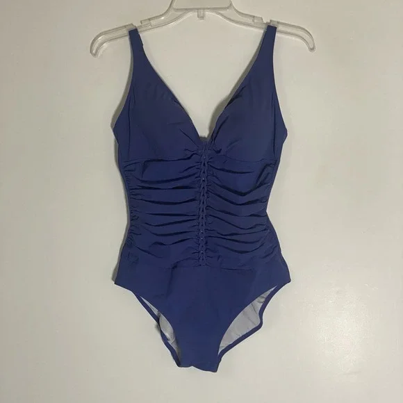 Profile By Gottex Ruched One Piece Swimsuit Womens 12 D Navy Blue Adjustable Fun