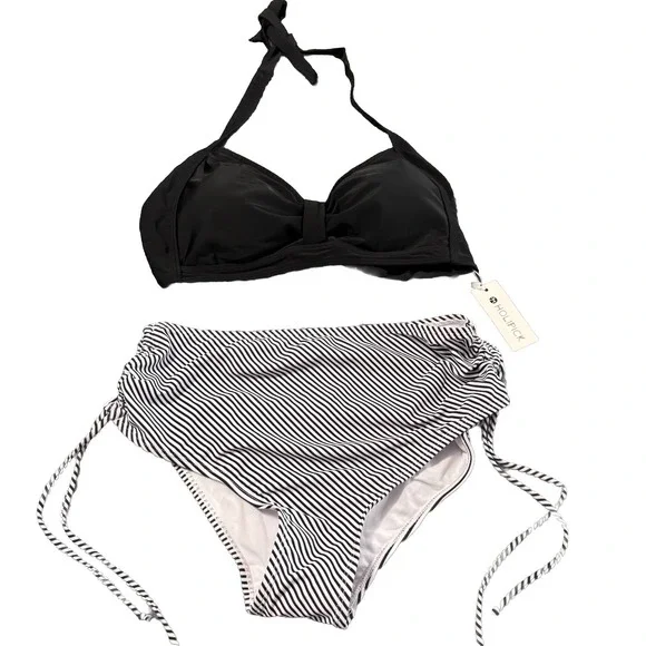 Holipick Women's L High Waisted Bikini Set‎ Swimsuit Black Top Striped Bottom