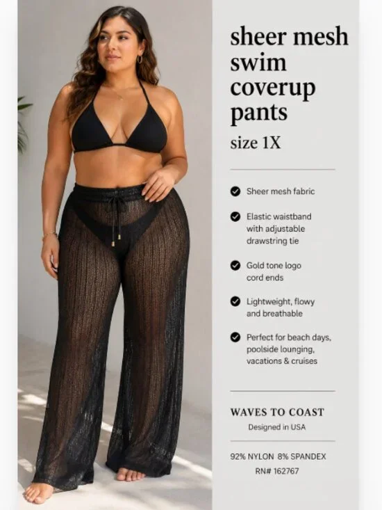 BLACK SHEER SWIM COVERUP PANTS 1X